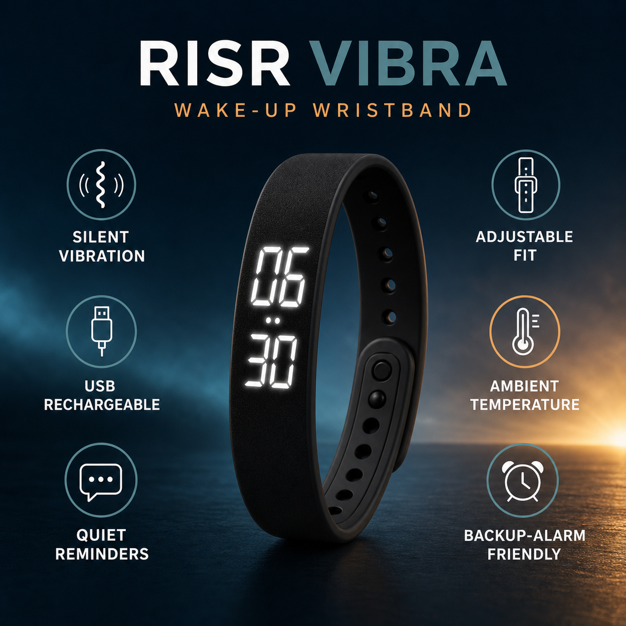 RISR VIBRA wake-up wristband with six key features in the RISR navy, teal, and sunrise palette