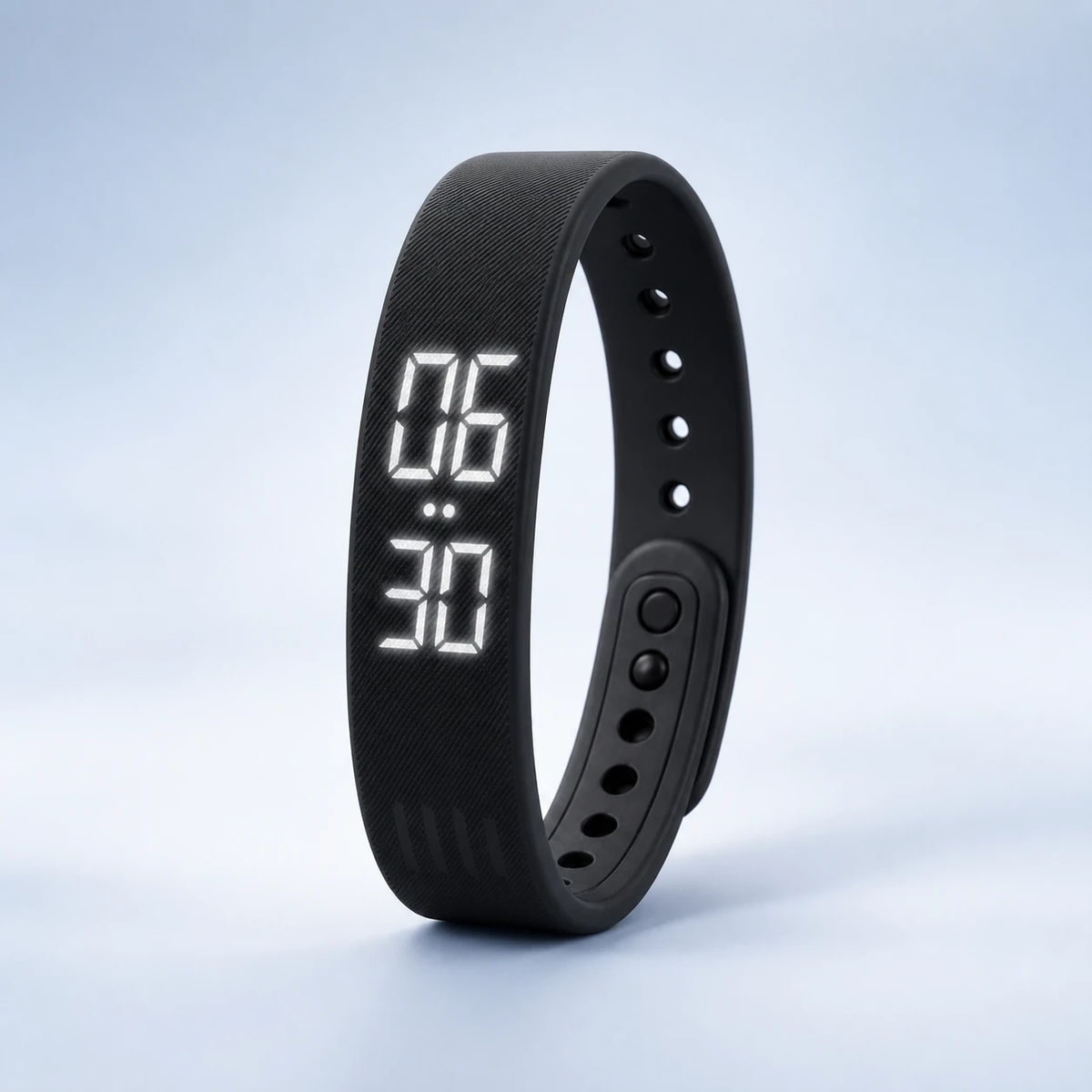 The RISR VIBRA design: a slim black silica-gel wristband with a clear LED display