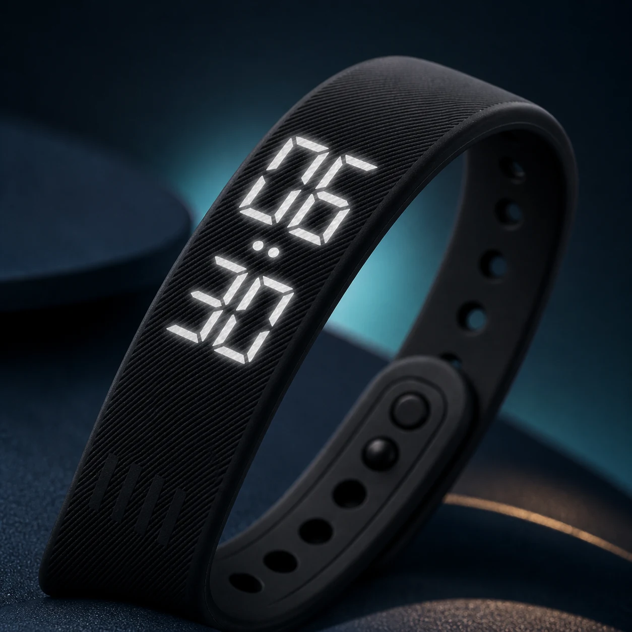 Macro view of the textured RISR VIBRA wristband and illuminated display