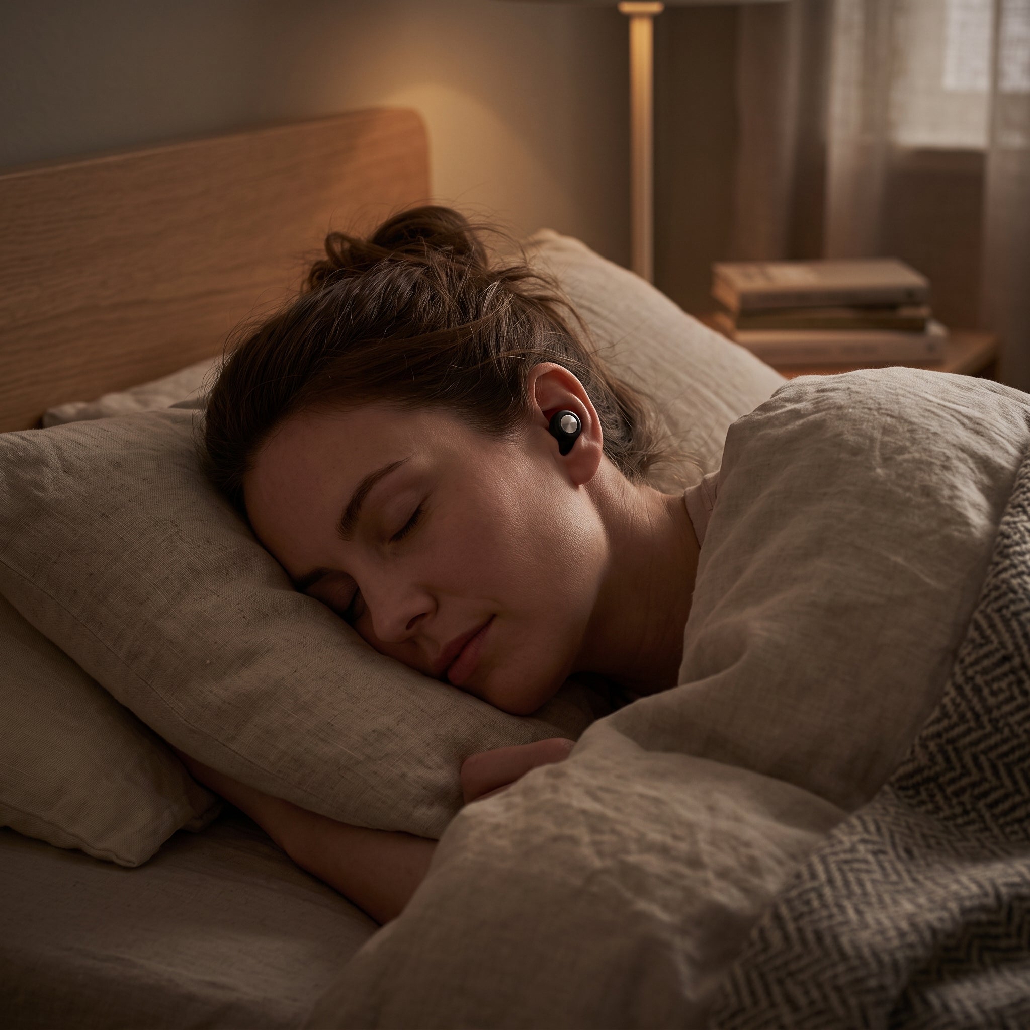 Woman sleeping on her side wearing RISR Loop earplug
