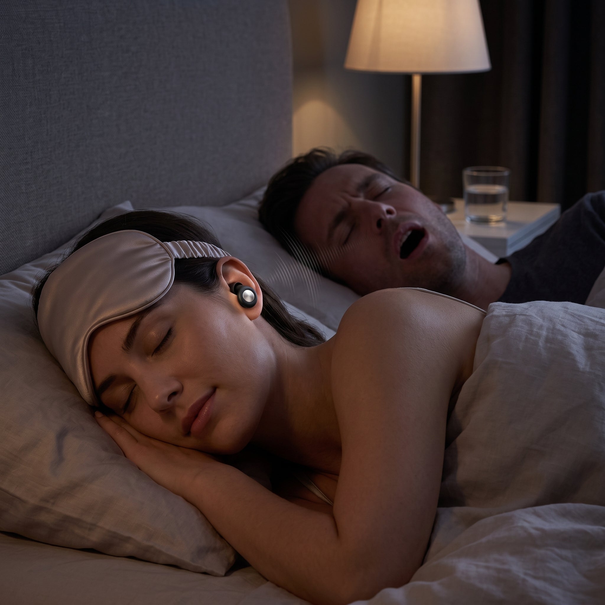 Woman sleeping peacefully with RISR Loop while partner snores beside her