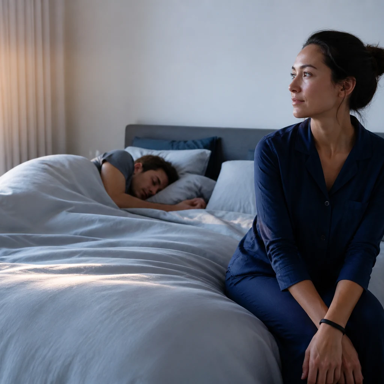 One partner begins the morning quietly while the other remains asleep