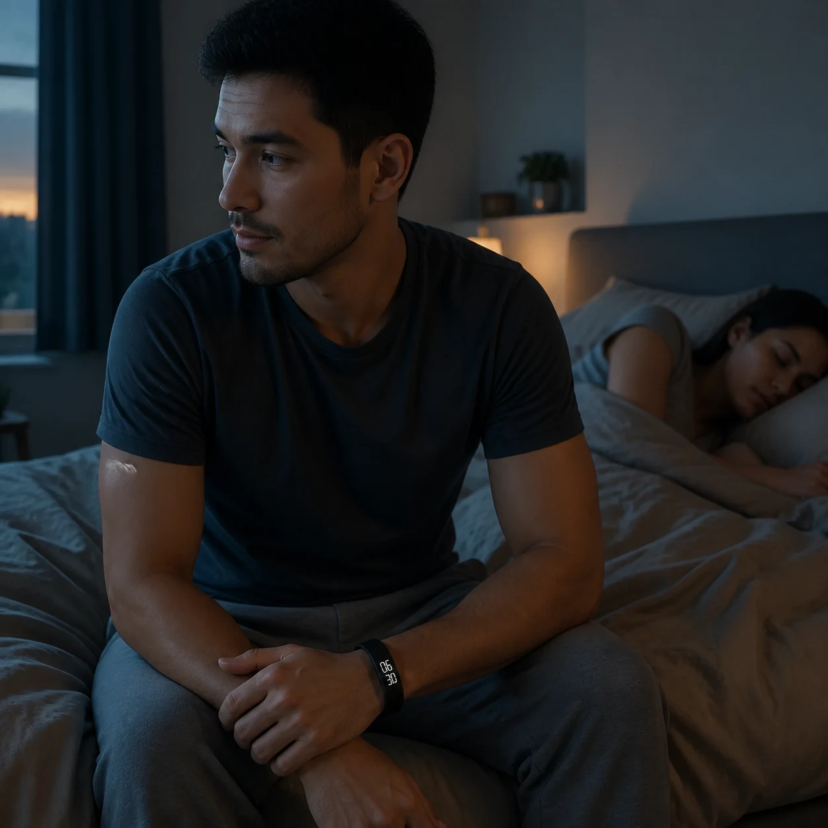 One adult starts the morning quietly while their partner remains asleep