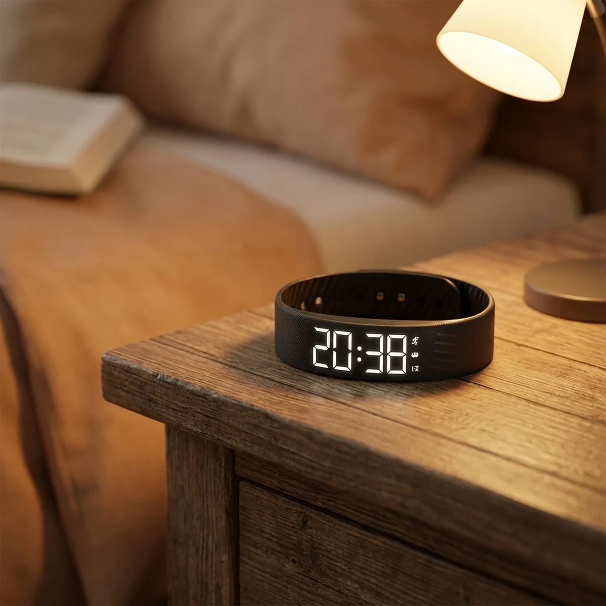 RISR VIBRA resting on a bedside table beneath a warm reading lamp