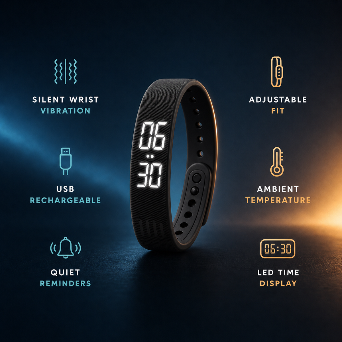RISR VIBRA wake-up wristband in a dark navy and teal studio with a warm sunrise accent