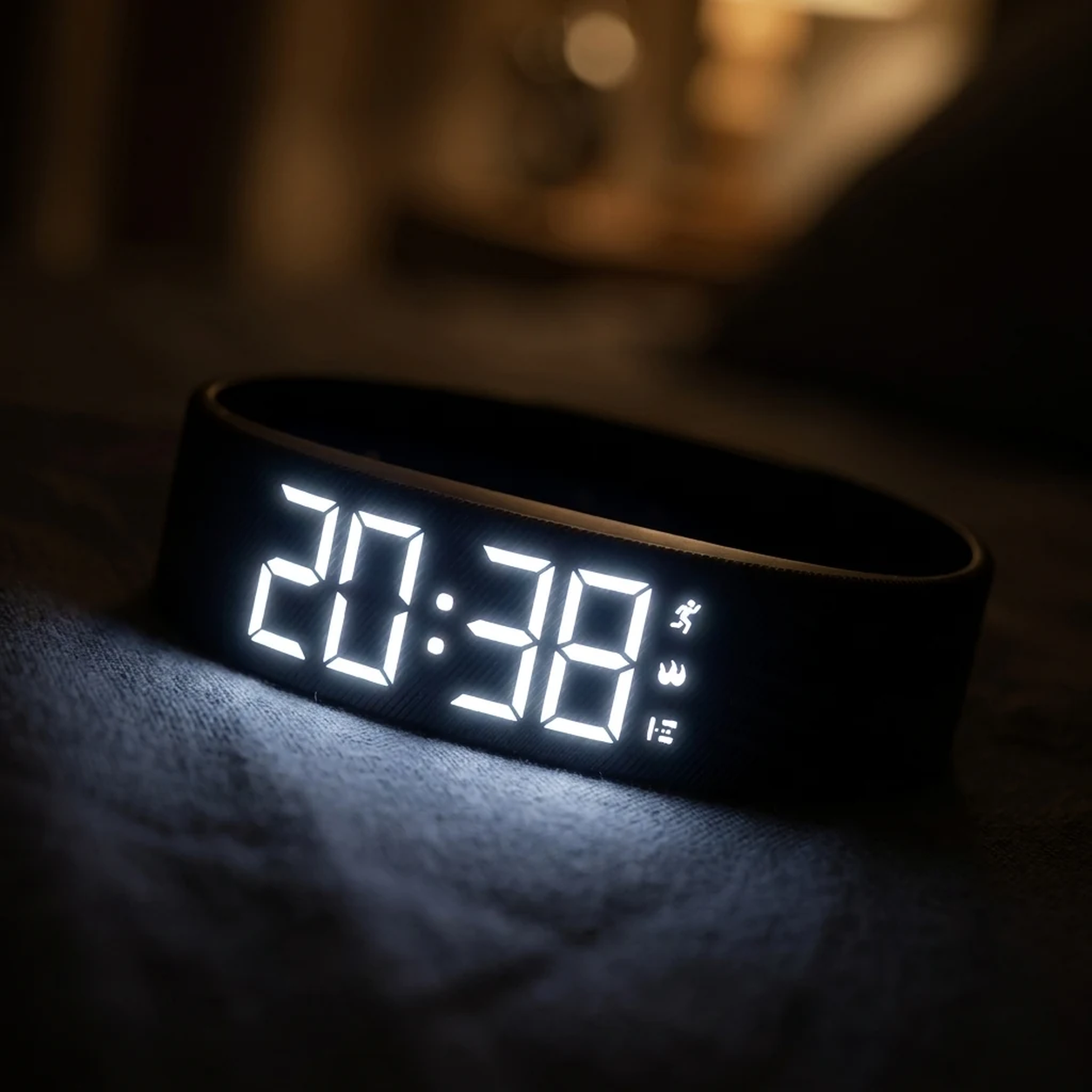 Close view of the RISR VIBRA illuminated digital display at night